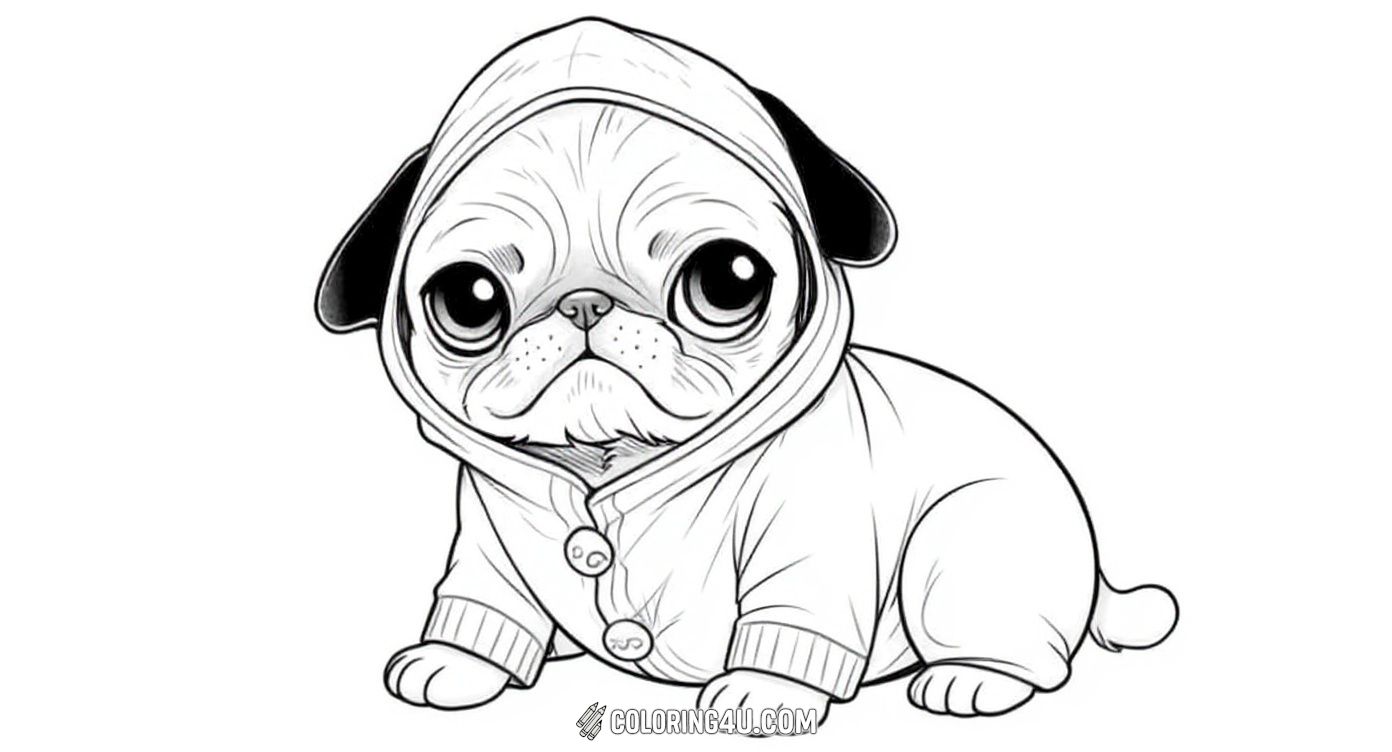 Get ready to color this cute pug dressed in a cozy, buttoned pajama suit with a little hood! Perfect for kids who enjoy imaginative coloring, this page invites you to add warmth and fun to this snug puppy’s bedtime outfit.