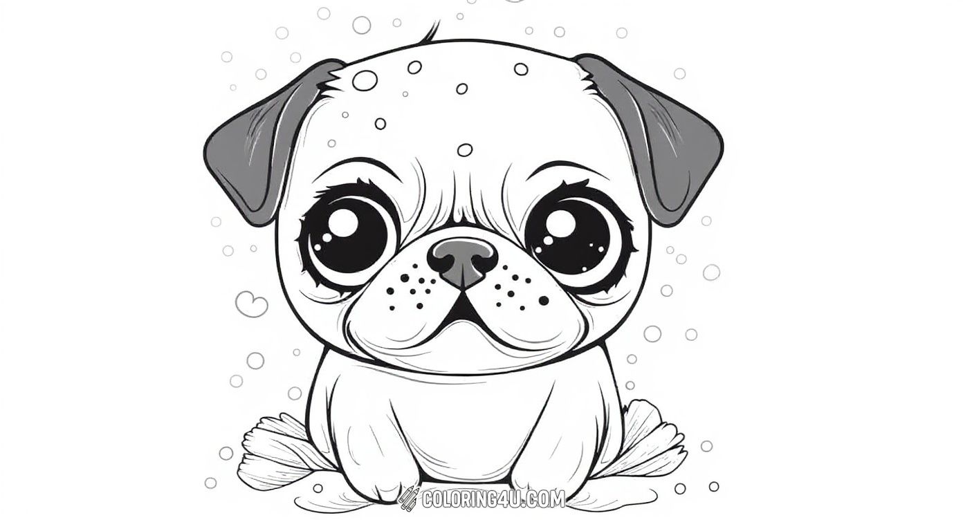 Dive into this playful coloring page featuring a wide-eyed pug surrounded by bubbles and small heart shapes. Kids can have fun decorating this bubbly puppy and exploring different colors to make this joyful scene come alive.