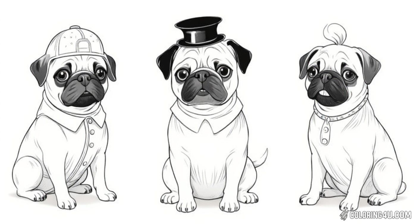 This creative coloring page displays nine charming pug illustrations in various costumes and fun activities, including playing soccer, skating, wearing a top hat, cowboy hat, and ballerina outfits. Kids will enjoy coloring these playful pug characters and imagining their humorous stories.
