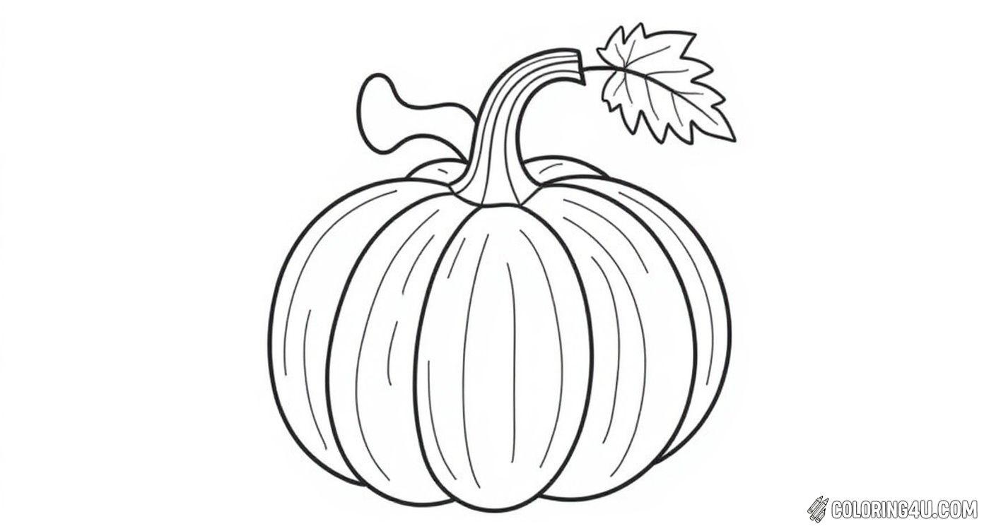 This charming coloring page features a detailed pumpkin with a thick stem and a leaf curling around it, perfect for kids who love autumn and Halloween. The lines offer fun opportunities for adding bright colors and shading to bring this festive pumpkin to life.