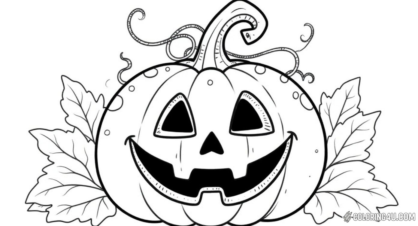 This festive coloring page showcases a cheerful jack-o-lantern with a big smile, surrounded by curling vines and leaves. Kids will enjoy bringing this happy Halloween pumpkin to life with bright and spooky colors, making it a great activity for the fall season.