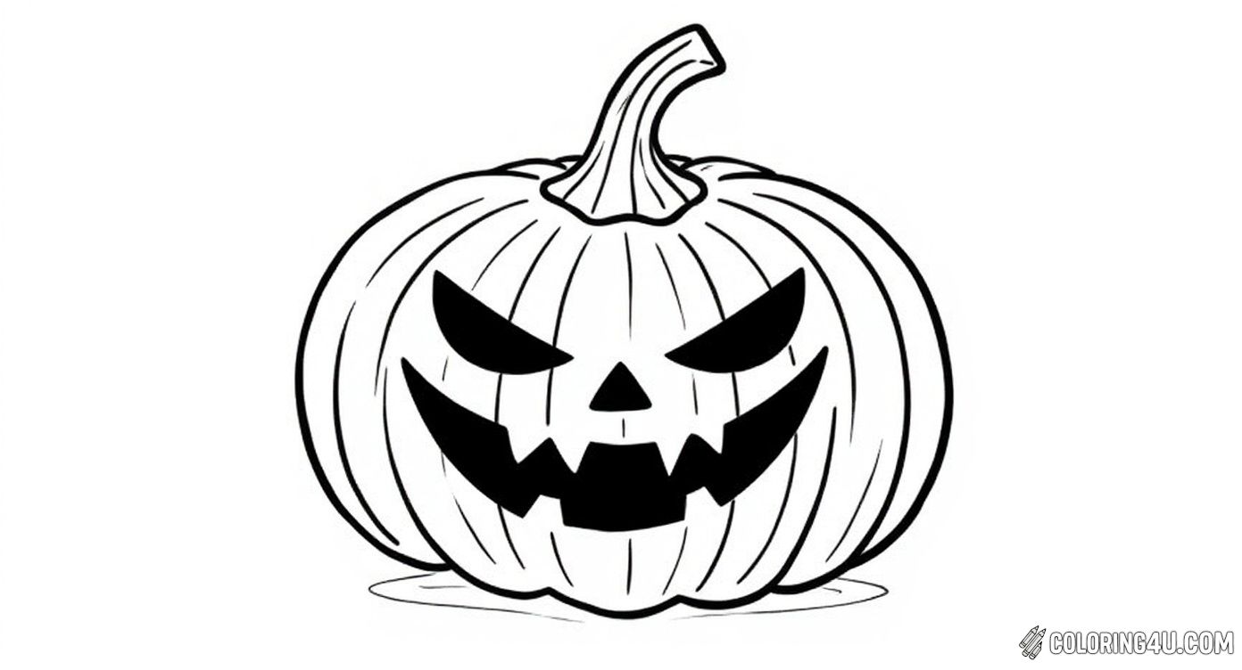 Get ready for Halloween fun with this spooky coloring page featuring an evil jack-o-lantern pumpkin with menacing eyes and a jagged grin. Surrounded by spider webs and a dangling spider, this image invites kids to add eerie colors and bring the creepy pumpkin to life.