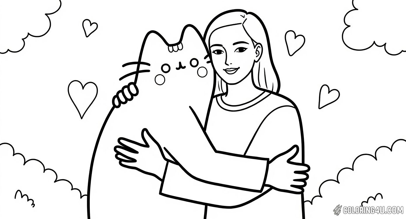 Pusheen Kitten Hugging Mom I Love My Mom Coloring Page