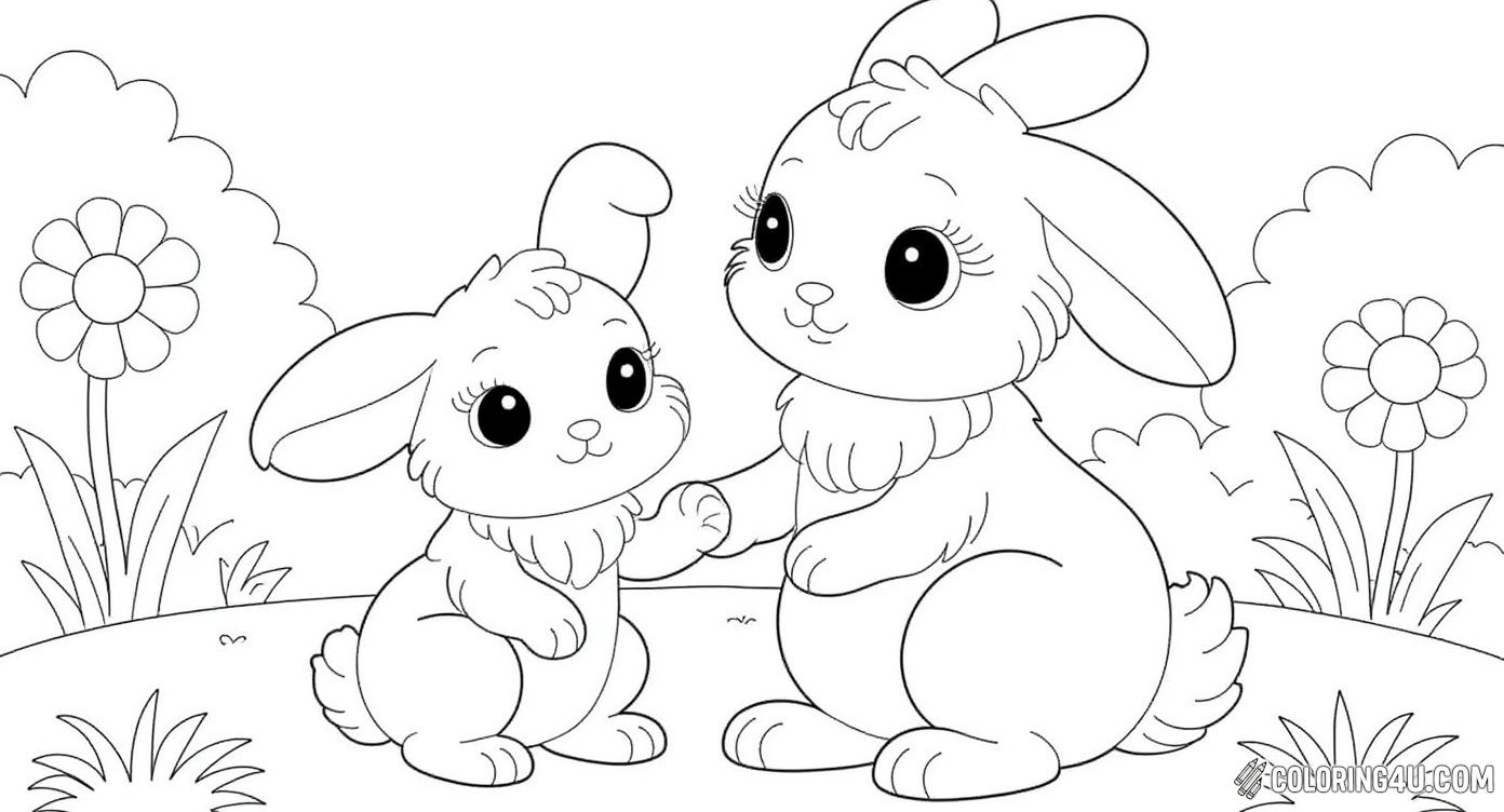 Baby Rabbit With Mom In Flower Garden