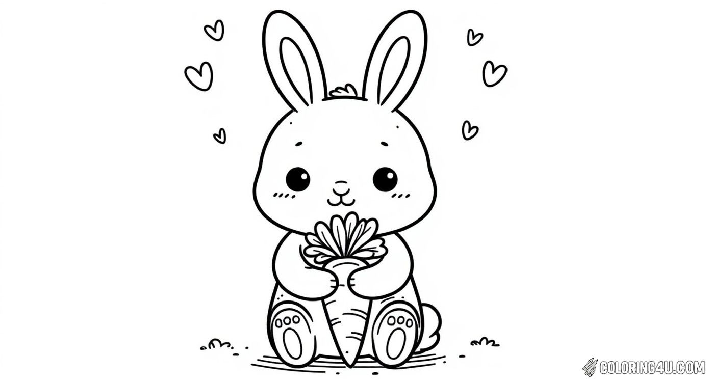 This adorable bunny is holding a big carrot and sitting among several other carrots and leafy plants. Surrounded by cute little hearts, this page invites kids to add their favorite colorful touches to the sweet bunny and its garden scene.
