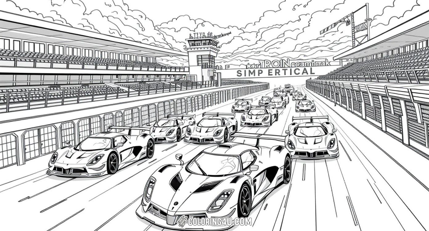 Step into the action-packed world of racing in this busy pit lane scene! Multiple high-performance sports cars are lined up ready for the race start, with lively details of the pit crew and grandstands. Kids can enjoy coloring every detail and imagining the roar of engines.