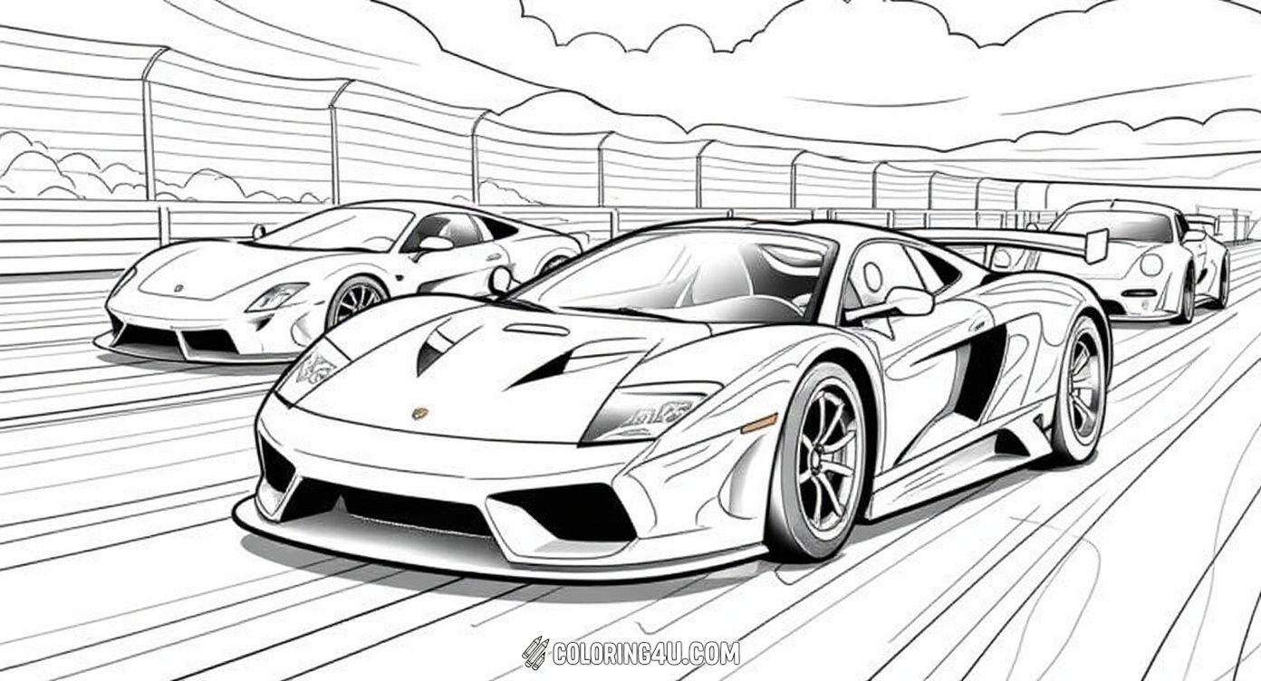 Get ready for an exciting race with speedy cars zooming around the track! This image shows two sleek race cars in action, ready for kids to add vibrant colors and bring the thrilling race to life.