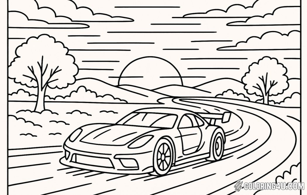 Race Car Driving Through Sunset