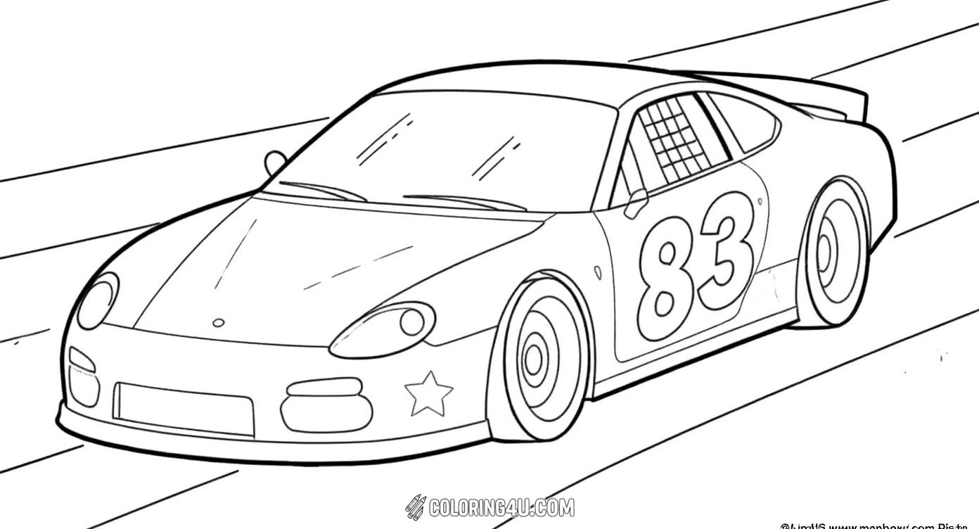 Join the high-speed excitement with two stock cars racing side by side! Featuring bold numbers 53 and 83, this coloring page invites kids to use bright colors to decorate these powerful race cars as they speed towards the finish line.