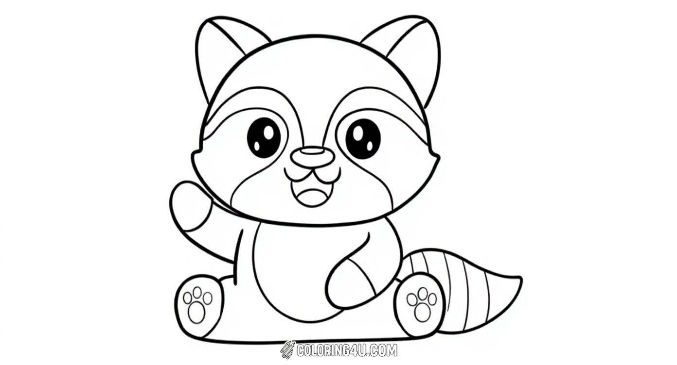 This adorable kawaii-style raccoon is sitting happily in a garden surrounded by flowers and bushes. With its big sparkling eyes and a friendly wave, it's a perfect coloring page for kids who love cute animals and want to bring this cheerful raccoon to life with their favorite colors.