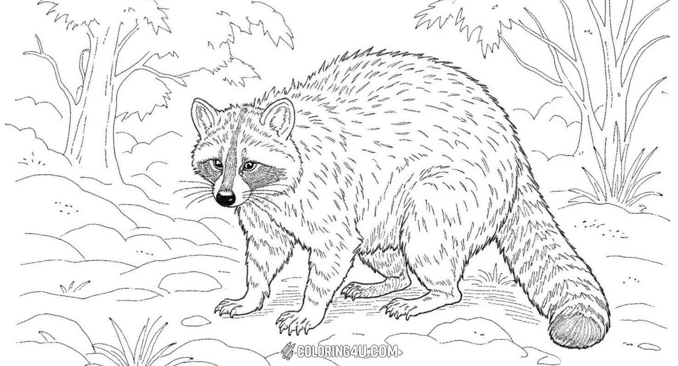 This detailed coloring page features two realistic raccoons exploring their natural forest habitat. The intricate line art shows one raccoon standing on a branch and the other watching attentively, surrounded by leaves and branches, offering kids a fun way to practice coloring animals with natural textures and environments.