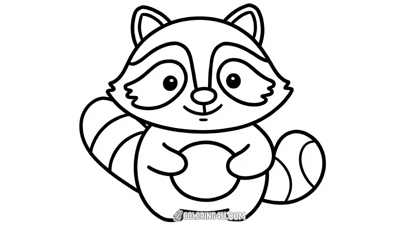 A charming, simple cartoon raccoon holding a round object is ready to be colored. Its bright eyes and gentle smile invite kids to fill this playful critter with vibrant colors, making it an enjoyable and easy coloring page for young learners who enjoy friendly animal characters.
