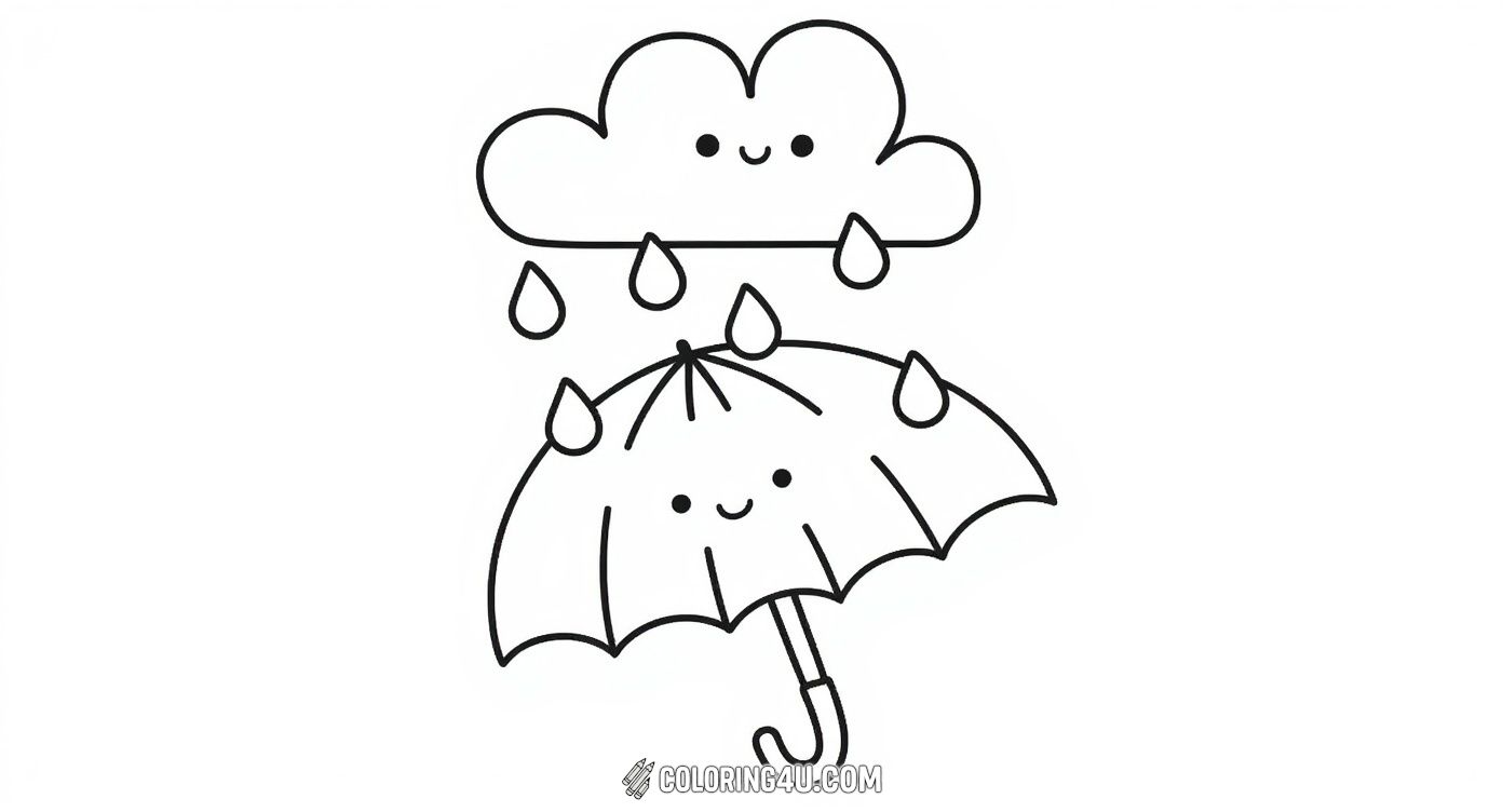 This adorable coloring page features a cheerful cloud happily raining drops onto a smiling umbrella. Perfect for preschool kids, this simple and cute design invites little artists to add bright colors and give a friendly look to the rain scene.