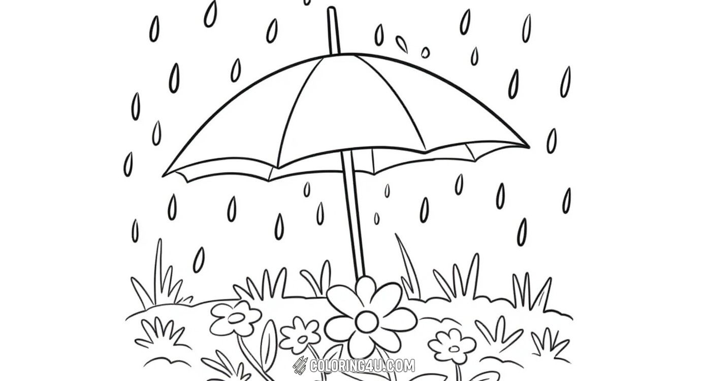 Dive into a lovely rainy day scene with this charming coloring page showing a large umbrella sheltering beautiful flowers while raindrops fall gently around. Kids will enjoy coloring the delicate details of petals, leaves, and the umbrella, creating a peaceful springtime rain atmosphere.