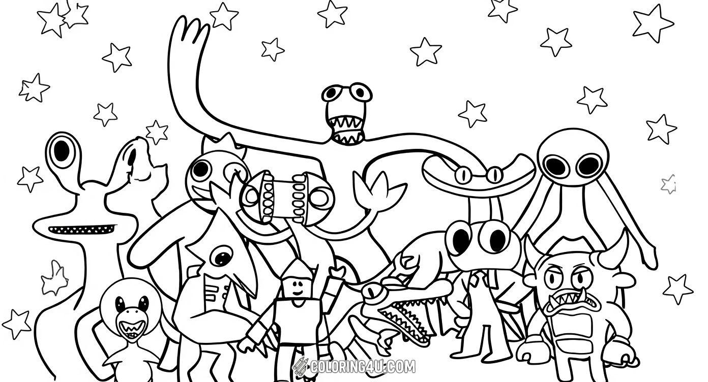 Enjoy this exciting coloring page showcasing all the Rainbow Friends characters gathered together under a sky full of stars. This lively scene invites kids to explore their imagination and color each character in vibrant hues for a joyful artwork.