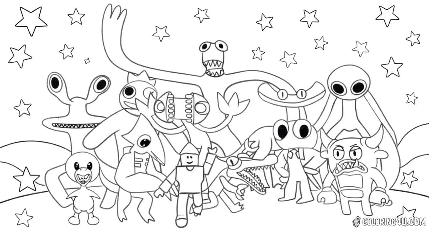Get ready to color a lively gathering of all the Rainbow Friends characters against a starry background! This exciting page invites kids to explore creativity by adding vibrant colors to a variety of fun and unusual creatures, perfect for fans of the Rainbow Friends world.