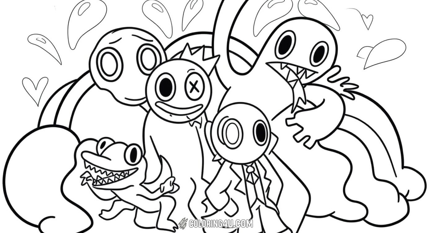 Discover this fun coloring page featuring a group of quirky Rainbow Friends characters with big eyes and playful expressions. Kids can bring these unique creatures to life with their favorite colors and enjoy hours of creative fun!