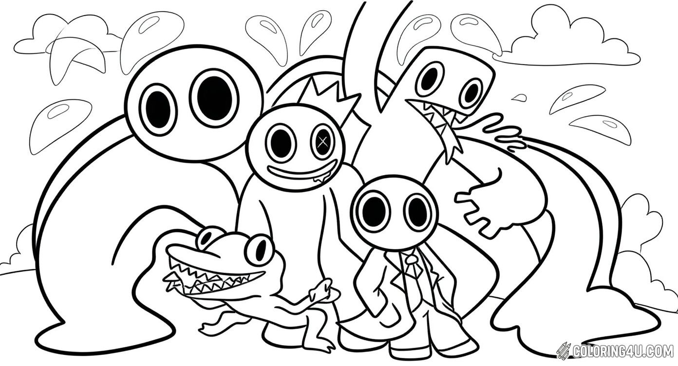 This fun coloring page features a group of quirky Rainbow Friends characters with big expressive eyes and unique shapes. Kids can bring these playful and imaginative friends to life with their favorite colors while enjoying a splash of excitement in the background.