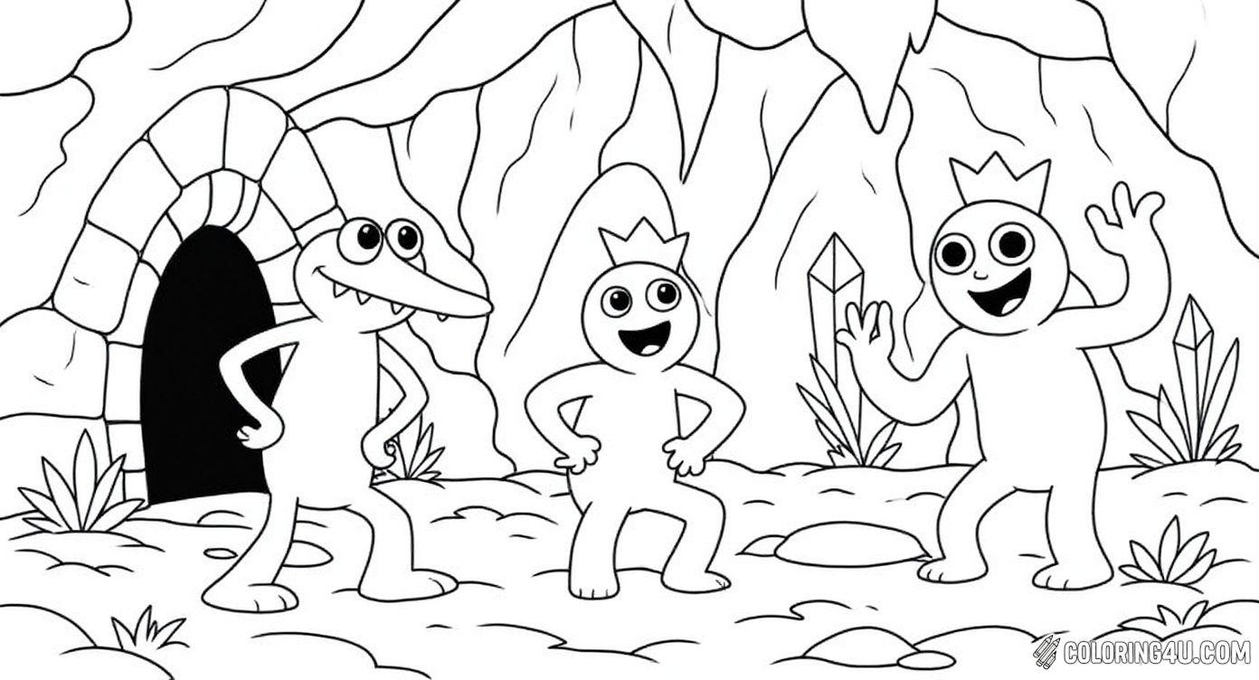 Join these cheerful Rainbow Friends as they wave and smile inside a crystal-filled cave adventure! This delightful coloring page encourages kids to brighten up the scene with their imaginative color choices and enjoy a creative journey with their favorite characters.