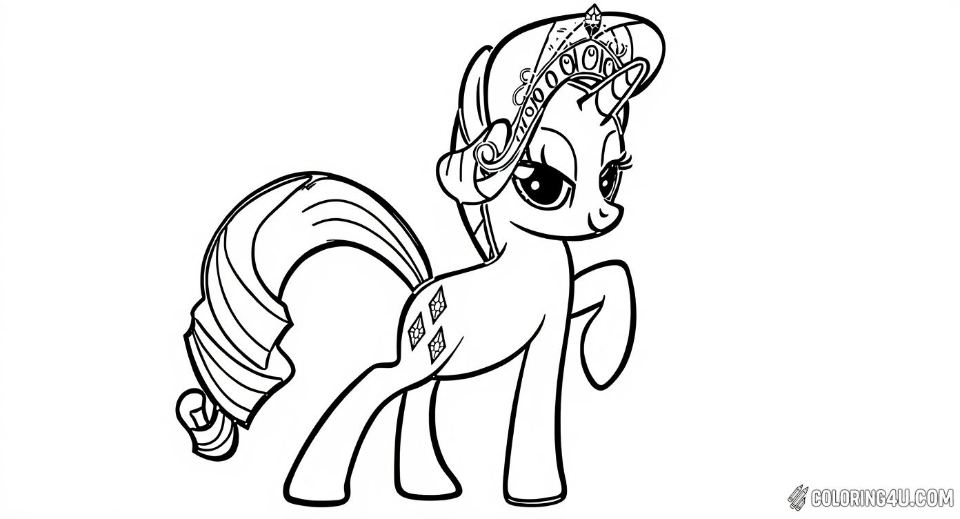 Bring out your creativity with Rarity from My Little Pony wearing a royal crown! This special coloring page shows her looking proud and majestic, perfect for adding rich colors to her flowing mane and ornate accessories.