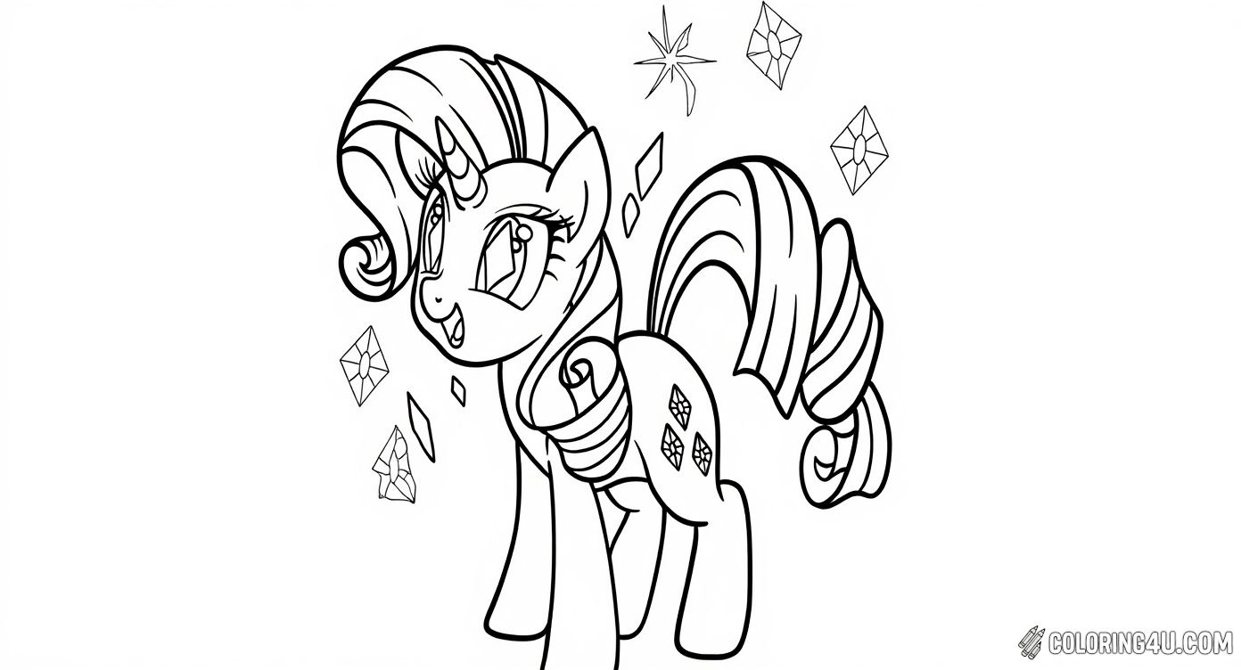Join Rarity, the elegant unicorn from My Little Pony, surrounded by shining stars and sparkling diamonds. This coloring page invites you to create a magical scene filled with bright colors and twinkling charm!