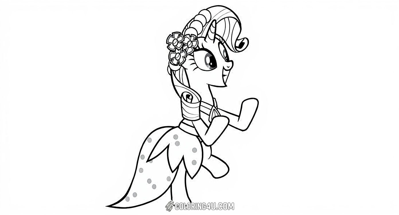 Join Rarity from My Little Pony as she enjoys a fun Hawaiian-themed adventure! Dressed with flower accessories and a tropical skirt, this adorable pony is ready to brighten your day. Kids will have a blast coloring this lively scene full of excitement and island vibes.