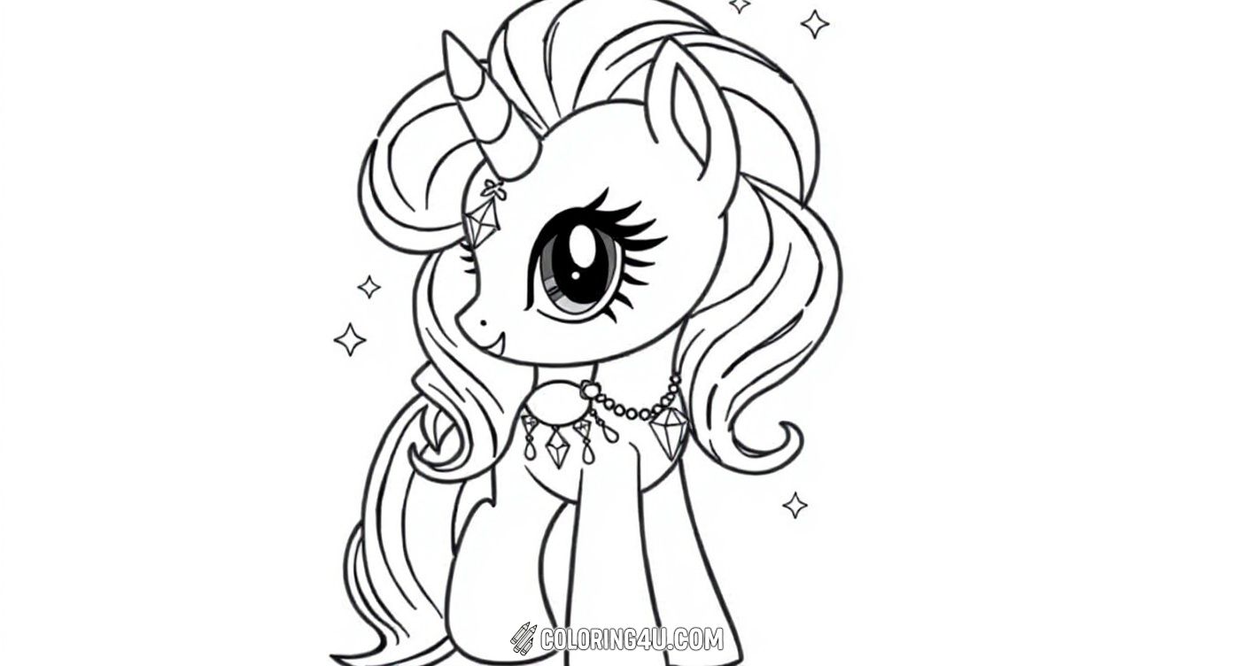 Color the glamorous Rarity unicorn adorned with sparkling jewels and radiant hair! This delightful My Little Pony character shines with charm and grace, inviting kids to use their imagination to create a dazzling masterpiece. Perfect for those who love unicorns and magical accessories.