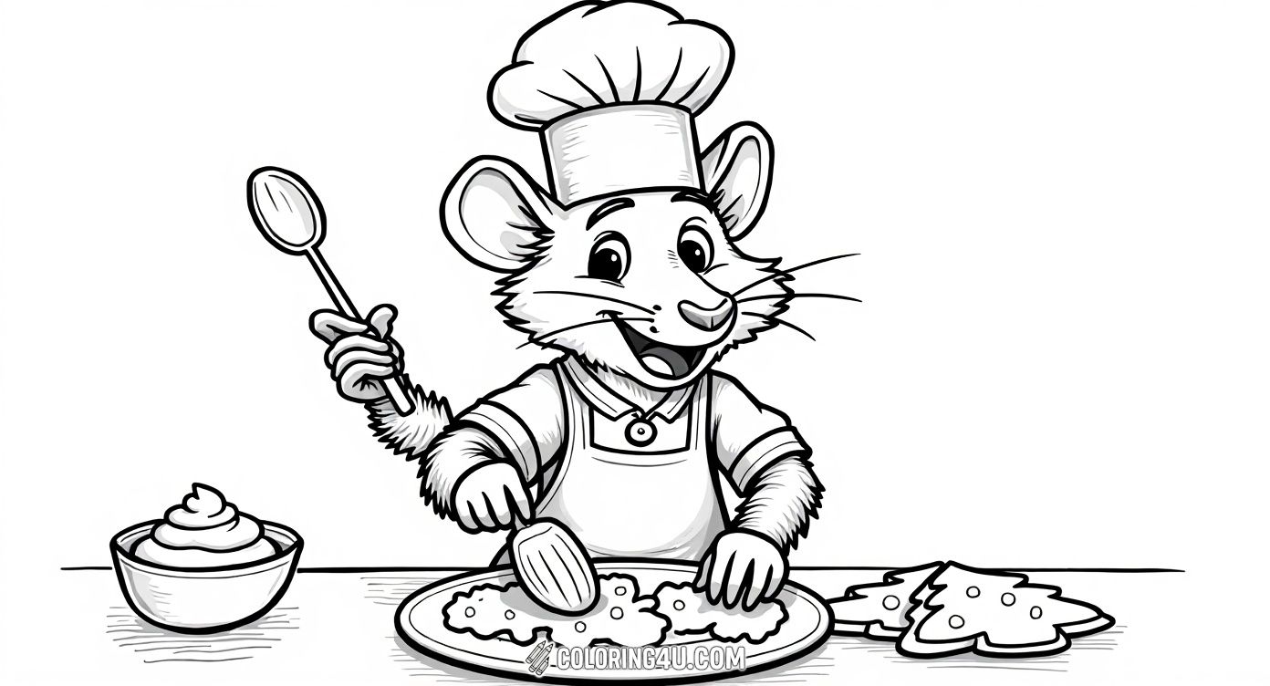 Get into the holiday spirit with Remy from Ratatouille as he bakes Christmas tree-shaped cookies! This festive coloring page invites kids to add joyful colors to Remy’s cheerful baking adventure during Christmas.
