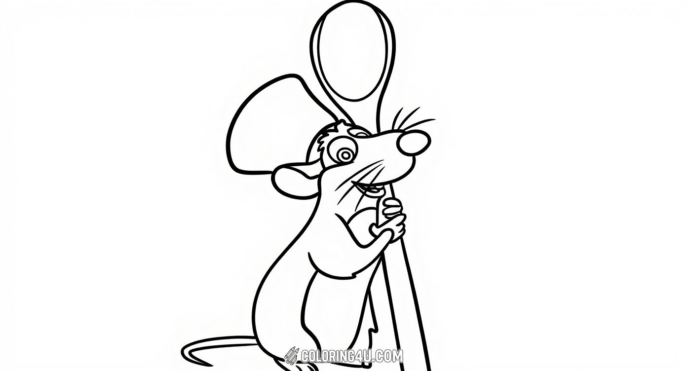 Here is Remy from Ratatouille wearing his chef's hat and holding a big wooden spoon. With bubbles floating around him, this image invites kids to add their favorite colors and imagine Remy cooking up a culinary masterpiece.