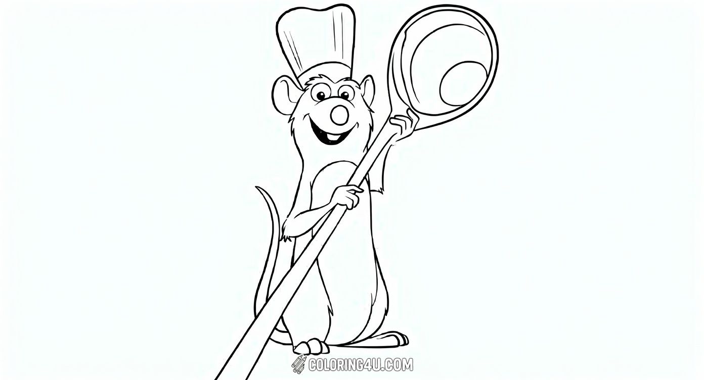 Color the happy rat Remy, the chef from the movie Ratatouille, as he proudly holds a giant cooking spoon! Get ready to add your favorite colors to this fun and friendly kitchen star.
