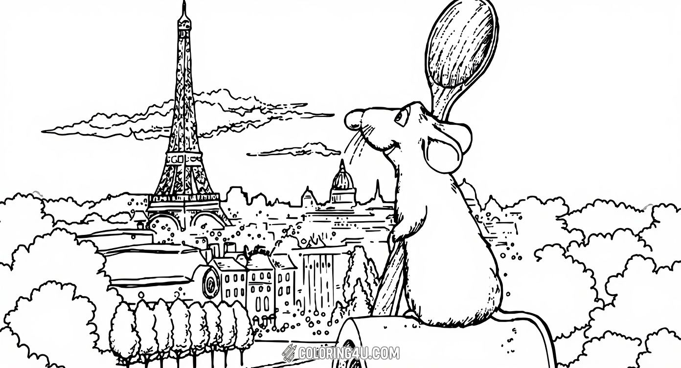This coloring page features Remy, the talented chef mouse from the movie Ratatouille, sitting on a rooftop in Paris. He is holding a large wooden spoon and looking thoughtfully at the beautiful Eiffel Tower and the Parisian cityscape. Kids will love bringing this charming Parisian scene to life with their favorite colors!