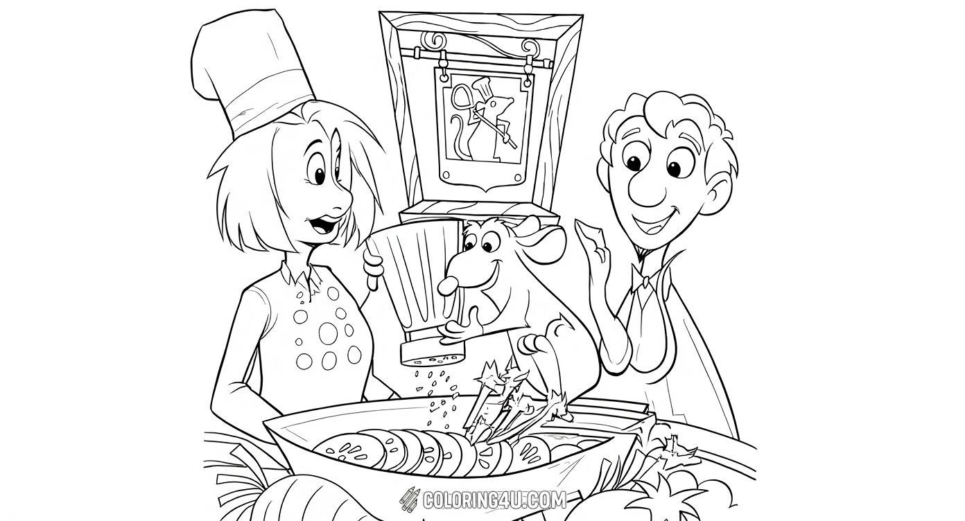 This delightful scene from Ratatouille shows Remy the rat chef seasoning a bowl of fresh vegetables while Ardèle and Linguini look on happily, ready to cook together. Kids will enjoy coloring the friendly faces and the tasty ingredients on this page.