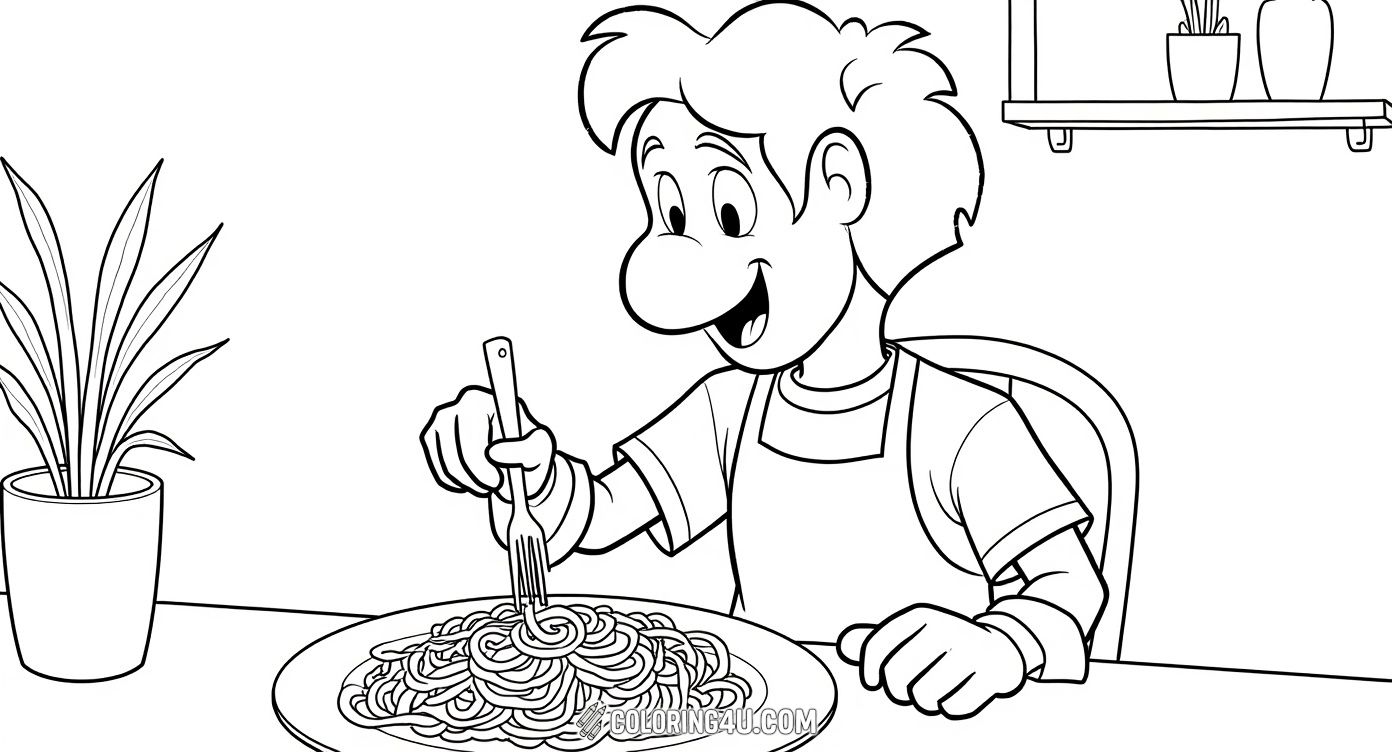 Join Remy the rat and his human friend Linguini in this fun cooking scene from Ratatouille. Remy is stirring a steaming pan while Linguini eagerly watches, enjoying a delicious breakfast with bacon, eggs, and coffee. This delightful moment invites children to color and imagine cooking adventures with these beloved characters!