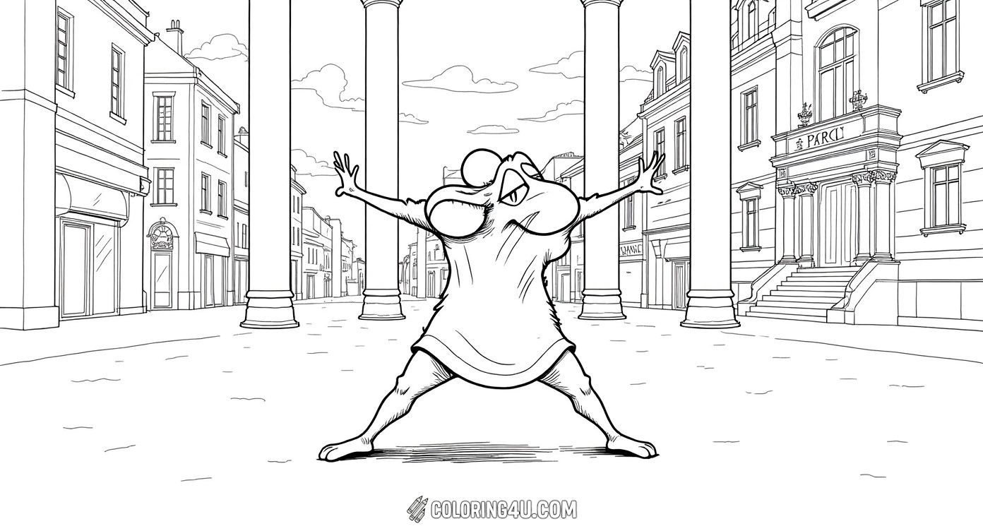 Bring this joyful scene to life by coloring Remy dancing with a big carrot in hand, with the beautiful Eiffel Tower visible through the window! Kids will love this fun moment from Ratatouille set in Paris.