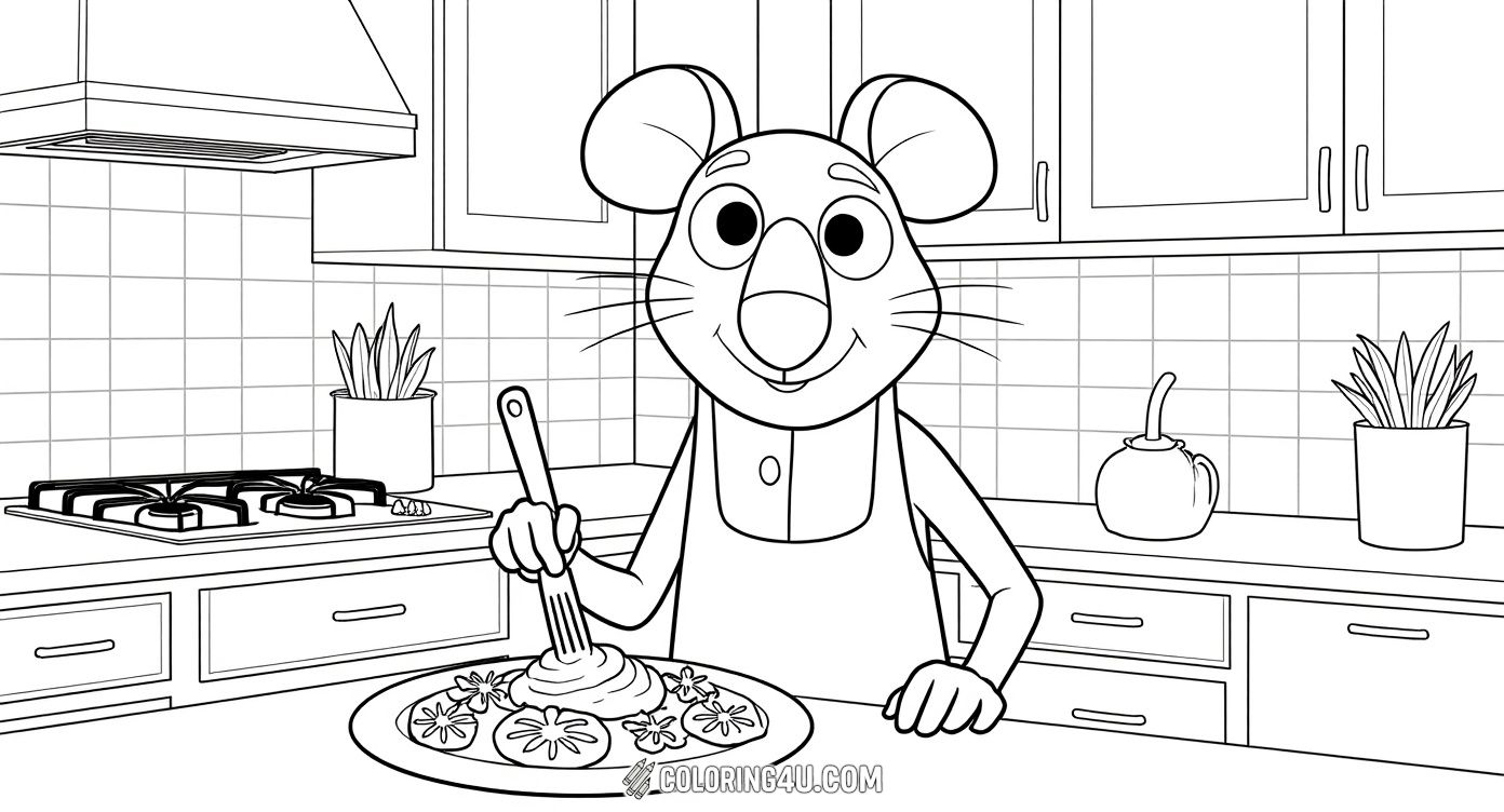 Color this delightful scene of Remy from Ratatouille standing in a kitchen surrounded by fresh vegetables and cooking utensils. Little artists can bring to life this hardworking rat chef as he prepares a tasty meal!