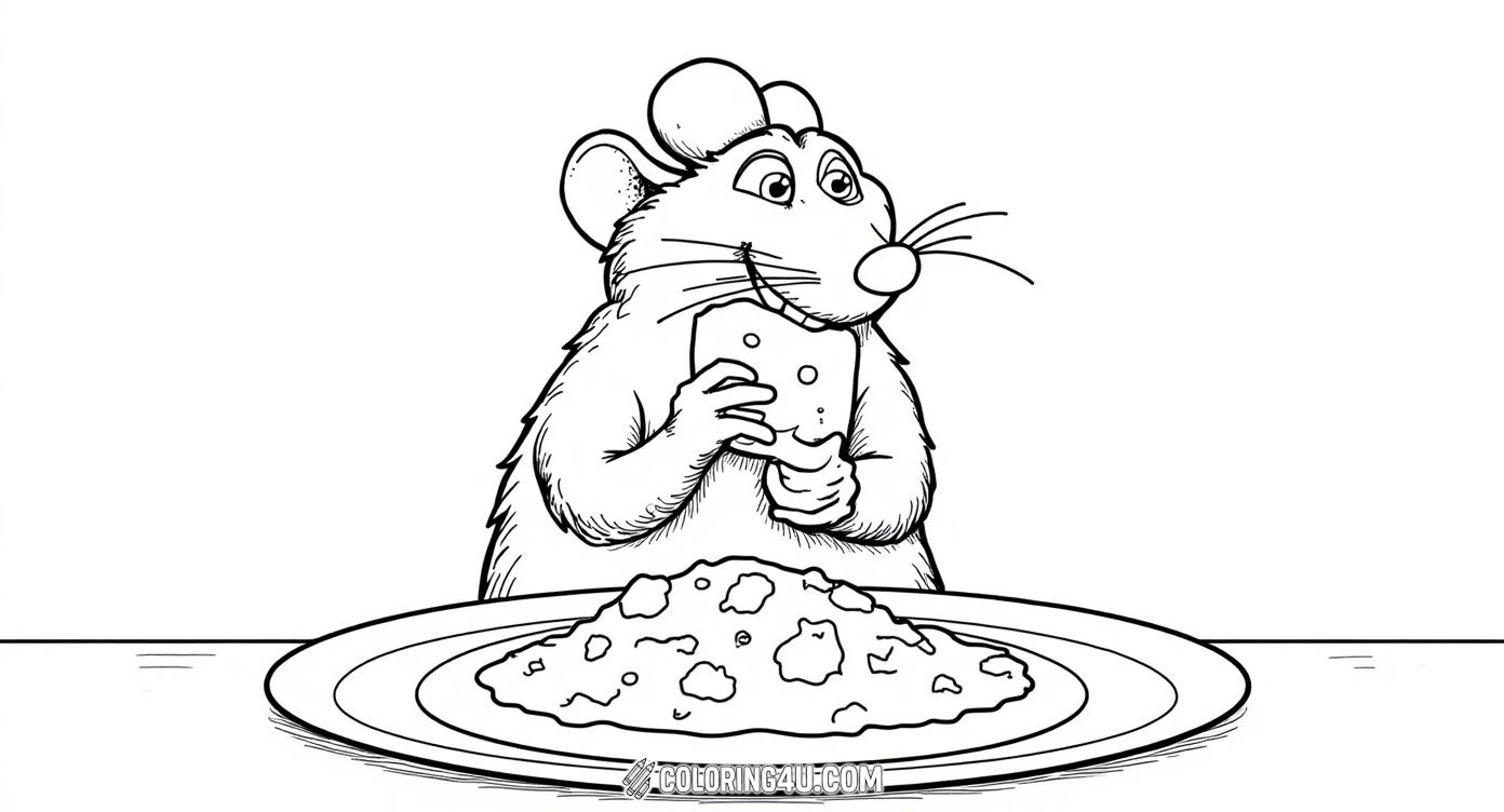 This cute coloring page shows Remy, the brave rat from Ratatouille, sitting happily with a big piece of cheese in his paws. With a joyful smile and curious eyes, Remy invites kids to add color and personality as they bring this lovely character and his tasty treat to life.