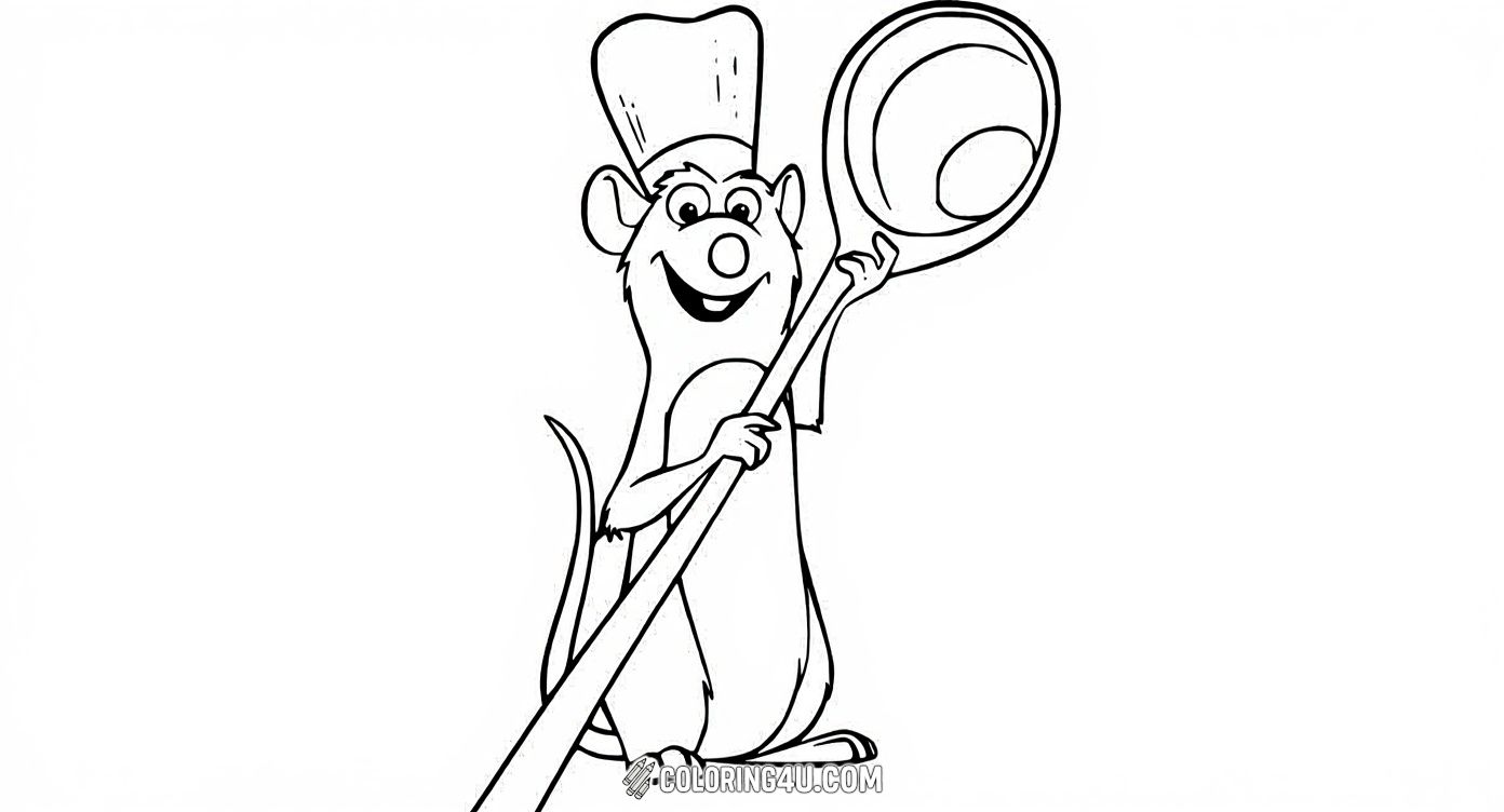 Join Remy, the cheerful rat from Ratatouille, as he proudly holds a giant spoon ready for cooking fun! Kids can color this happy chef as he prepares to create delicious dishes in the kitchen.