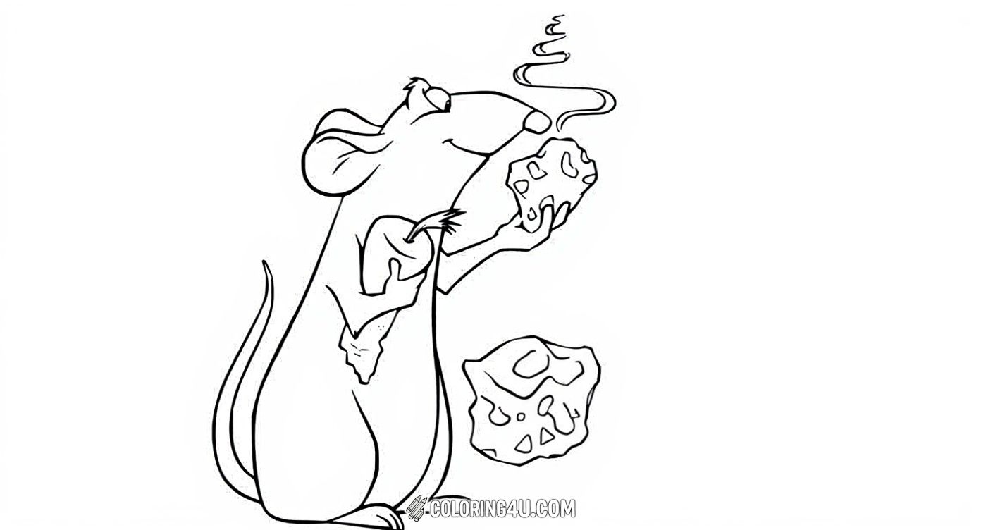 Join Remy the rat from Ratatouille as he sniffs delicious, steaming cheese pieces! Kids can have fun coloring this curious little rat exploring tasty treats in the kitchen.