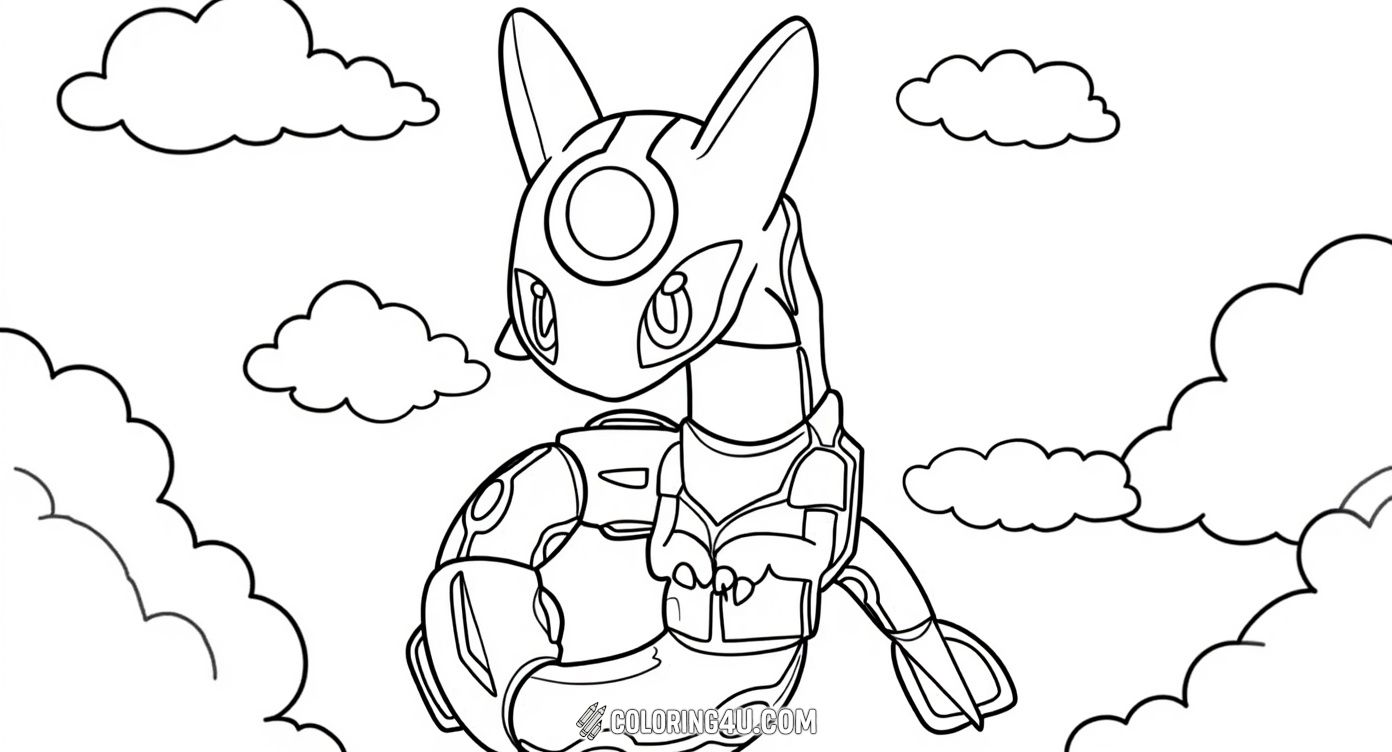 This adorable coloring page features Rayquaza, a legendary dragon Pokemon, in a cute and friendly cartoon style that's perfect for kids. Rayquaza is floating happily amidst fluffy clouds, inviting young artists to bring this sky guardian to life with vibrant colors!