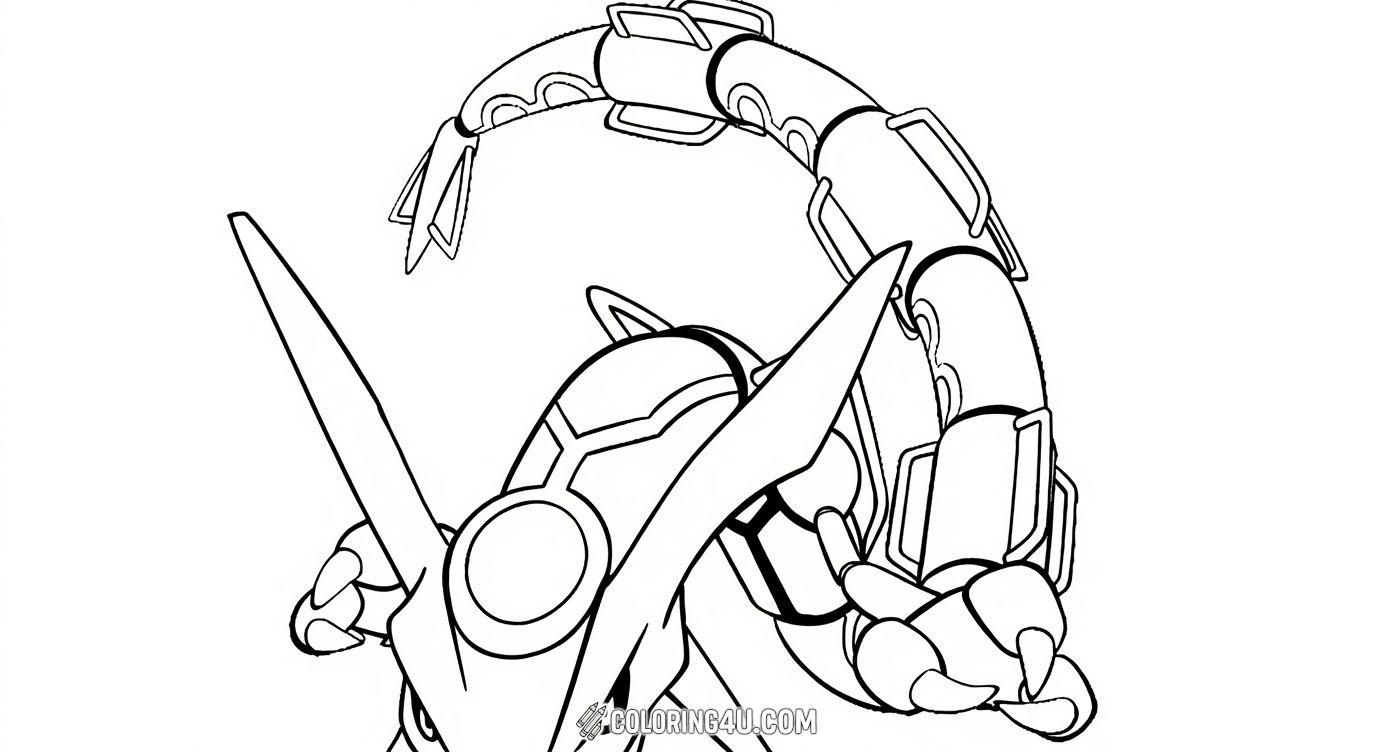 Unleash your creativity with this fierce and detailed Rayquaza coloring page! Rayquaza, the legendary snake-like dragon Pokemon, is shown in a striking pose with sharp claws and intense eyes, perfect for kids who enjoy coloring powerful creatures from the Pokemon world.