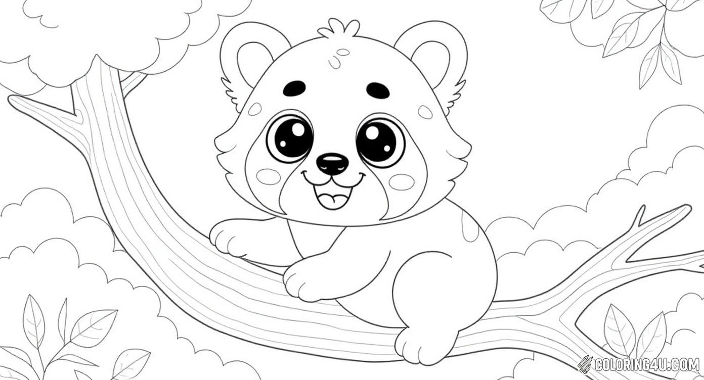 This adorable coloring page features a happy red panda resting on a tree branch surrounded by leaves and flowers. With big sparkling eyes and a cheerful smile, this playful red panda invites kids to bring it to life with vibrant colors while imagining its fun adventures in nature.