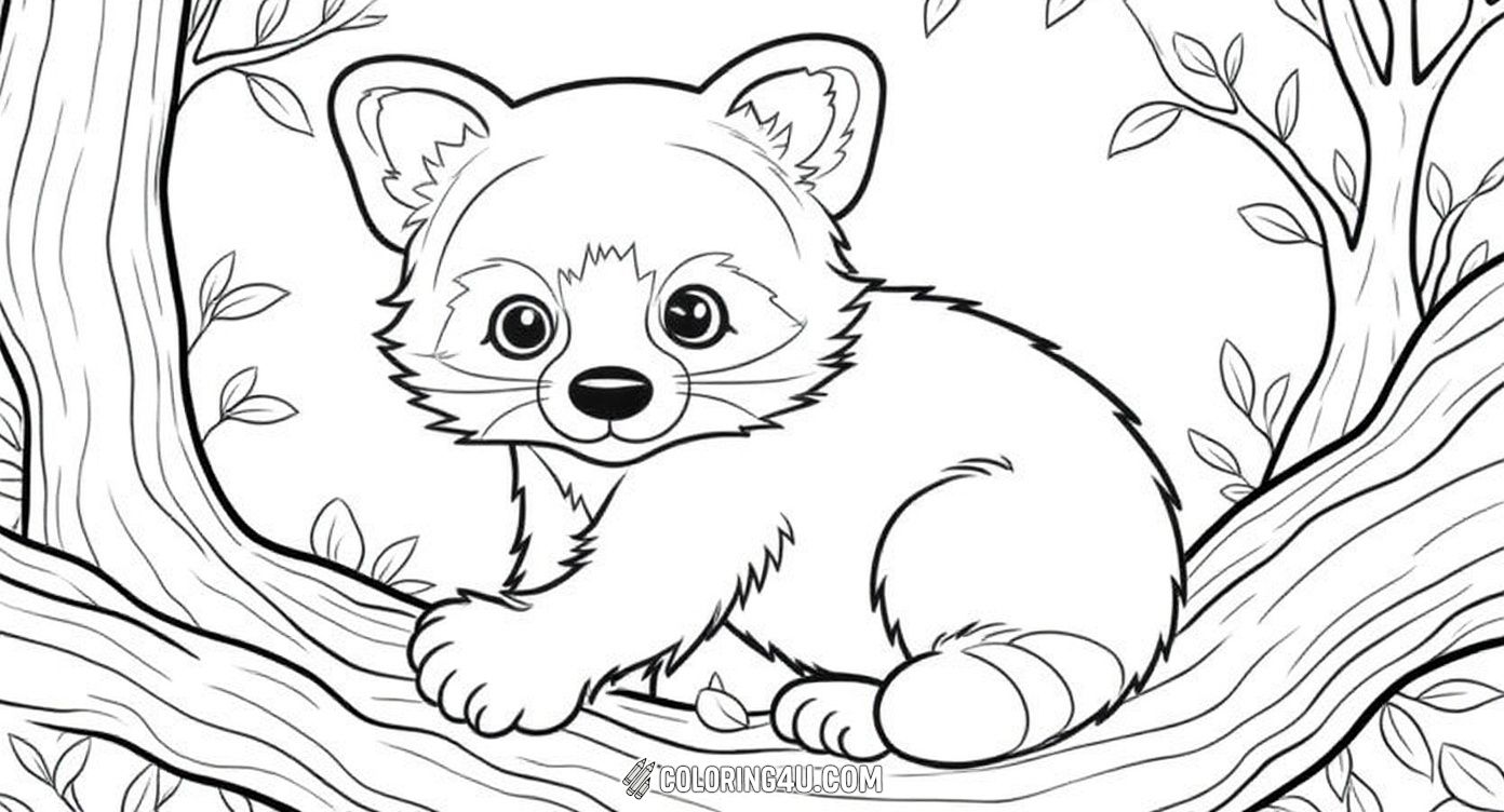 This adorable coloring page features a cute red panda sitting on a tree branch surrounded by leaves. With big, expressive eyes and a fluffy tail, this image invites kids to bring the friendly red panda to life with their favorite colors while exploring nature.