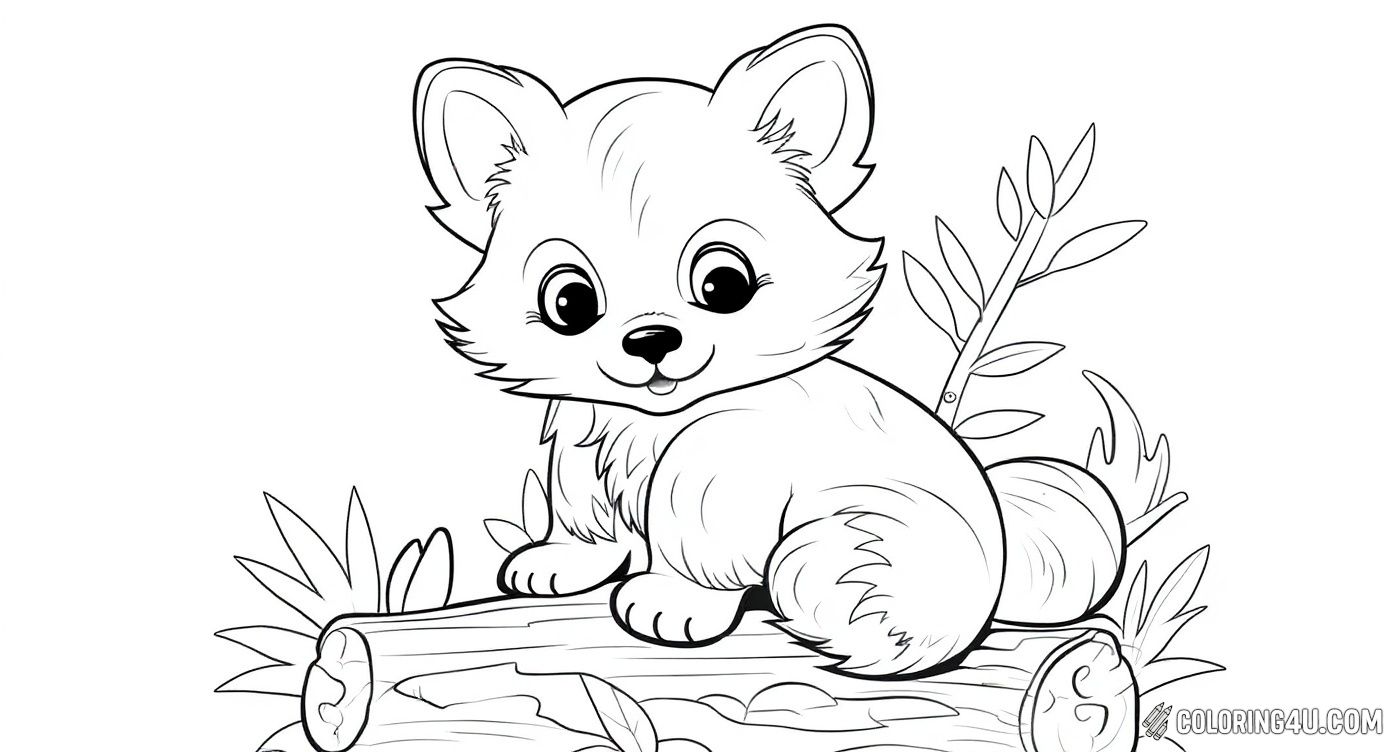 Cute Red Panda Sitting On Log Nature Coloring Page
