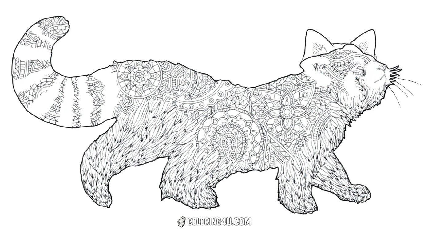 Dive into a detailed coloring adventure with this intricate red panda walking on a tree branch under a shining sun. The panda’s body is decorated with beautiful mandala and floral patterns, perfect for older kids and adults who enjoy a relaxing and creative coloring experience.