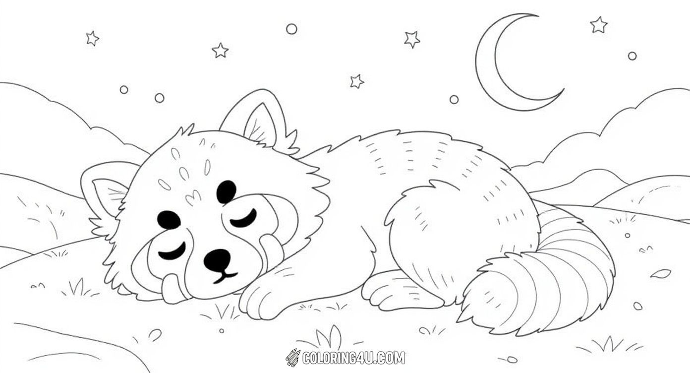This charming coloring page shows a peaceful red panda sleeping on a tree branch under a smiling moon and twinkling stars. Surrounded by leaves and a night sky, this delightful scene invites kids to color a calm, magical moment of nature’s bedtime.