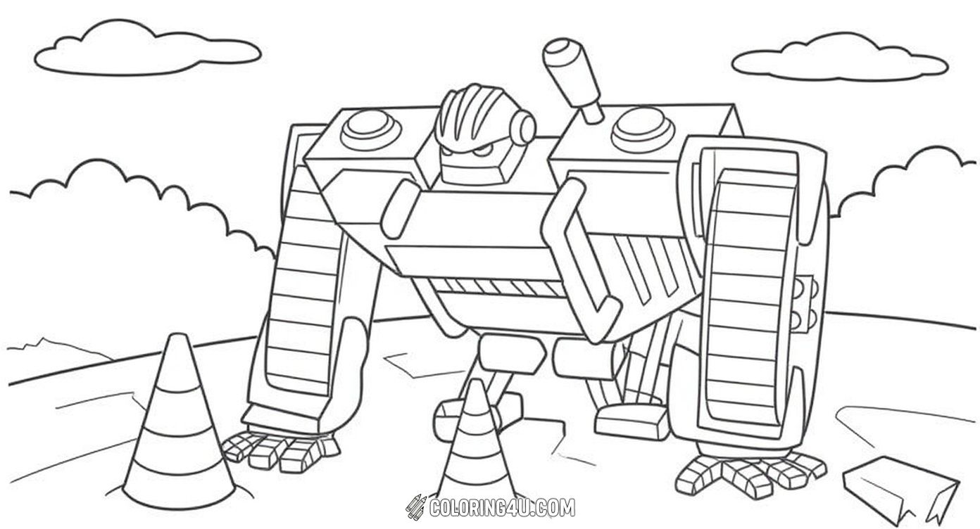 In this engaging coloring page, Boulder is seen fixing a broken road, surrounded by traffic cones. Kids can imagine themselves helping Boulder keep the town safe and smooth by adding bright colors to this hardworking rescue bot in action.