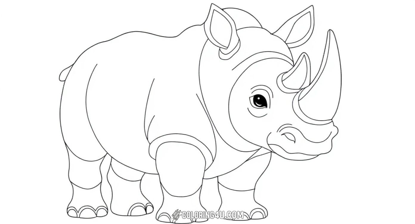 This adorable cartoon-style rhino has big eyes and a large horn, ready for kids to color in playful shades. The rhino's friendly expression and soft rounded shapes make it a perfect coloring page for children to enjoy and express creativity.