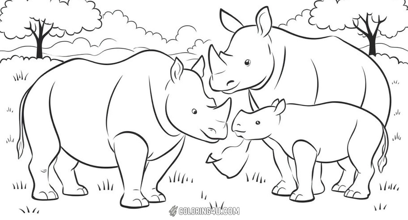 Here you see a charming rhino family gathering in a peaceful natural setting surrounded by tall trees. This delightful coloring sheet from San Diego Zoo Wildlife Explorers invites kids to color a mom, dad, and baby rhino happily spending time together.