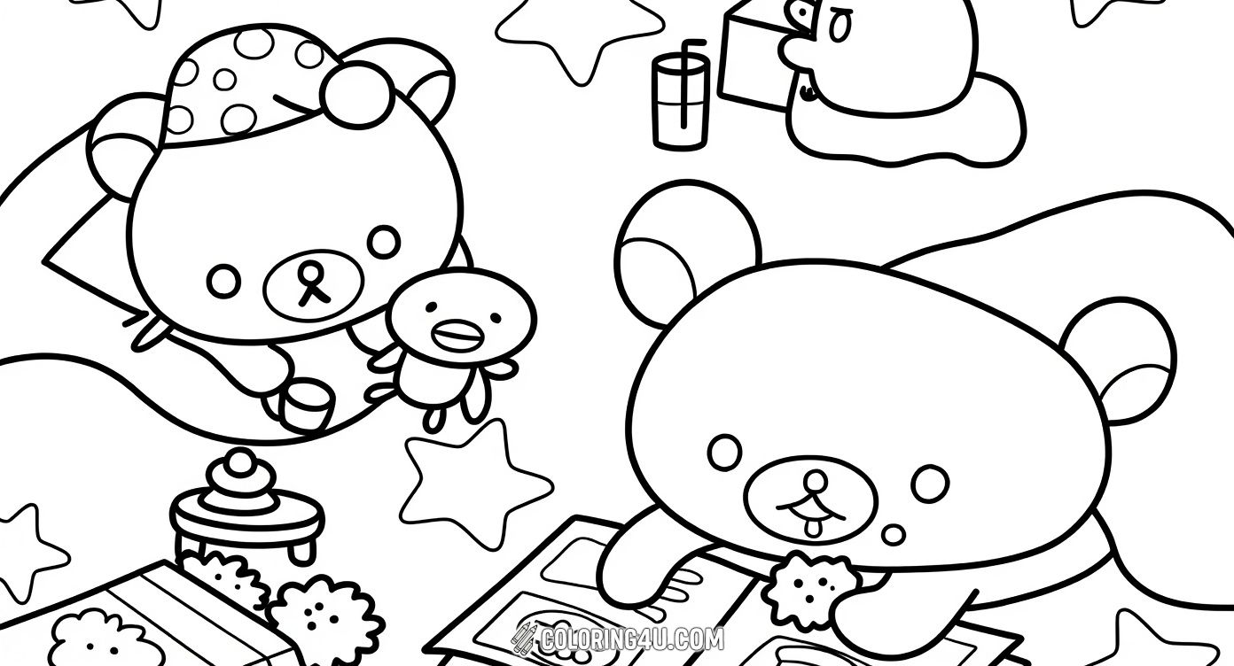 Join Rilakkuma and friends for a relaxing tea time while reading a book surrounded by stars and snacks. This delightful coloring page invites kids to color a cozy and fun indoor scene full of charm and joy.
