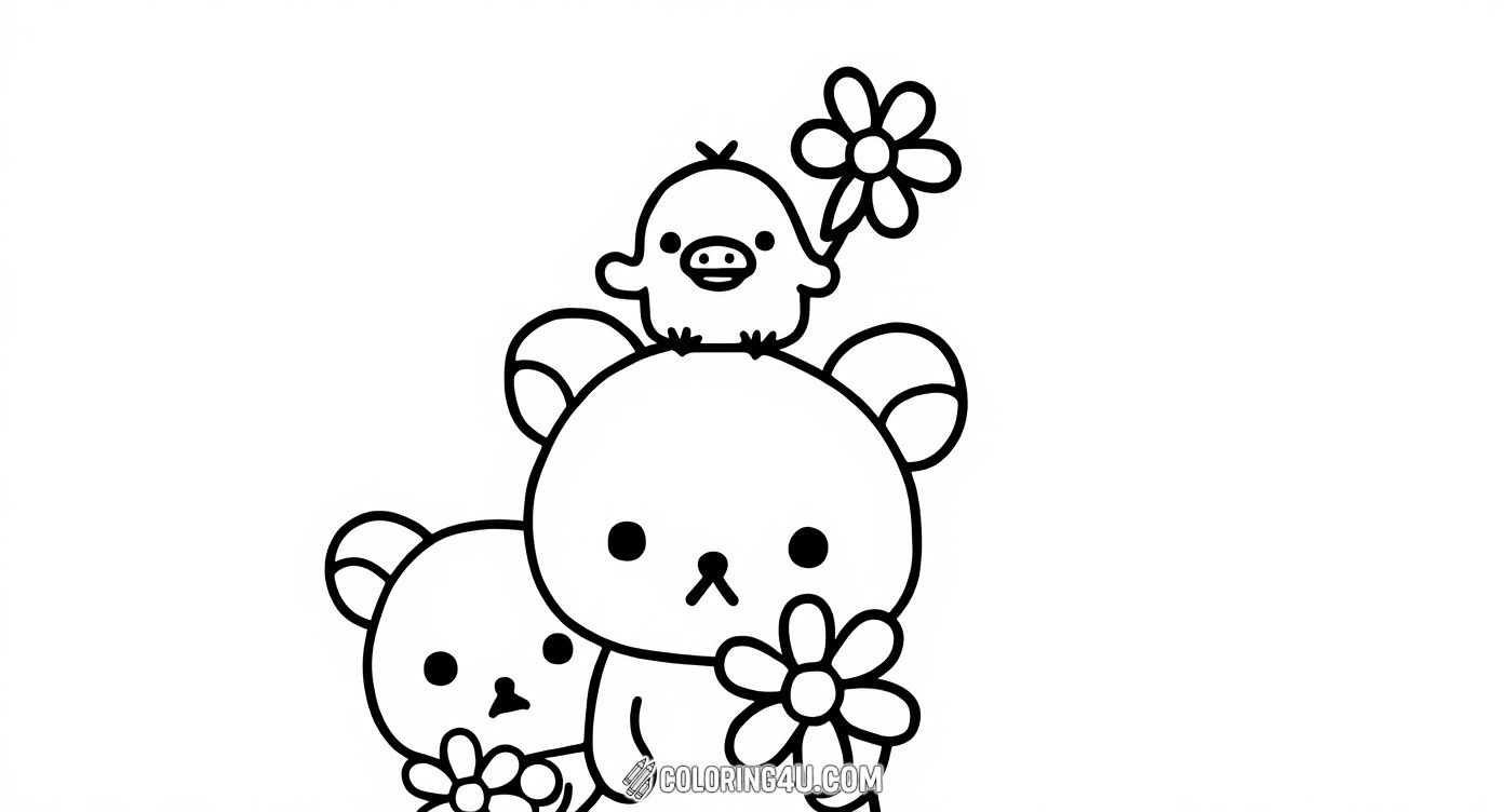 Two sweet Rilakkuma bears are holding flowers while a cheerful little bird sits atop one bear's head, holding a flower too! This simple and joyful coloring page is perfect for kids to fill with bright and happy colors.